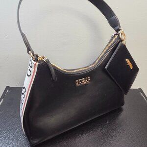 GUESS Black Shoulder Bag w/ Gold Logo & Matching Pouch wallet with side white em